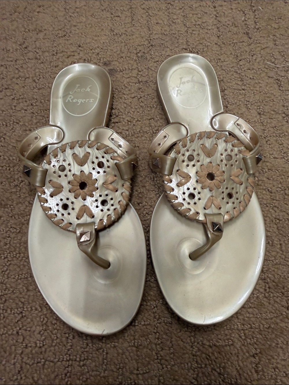 Jack Rogers Champagne Metallic Leather Thong Sandals